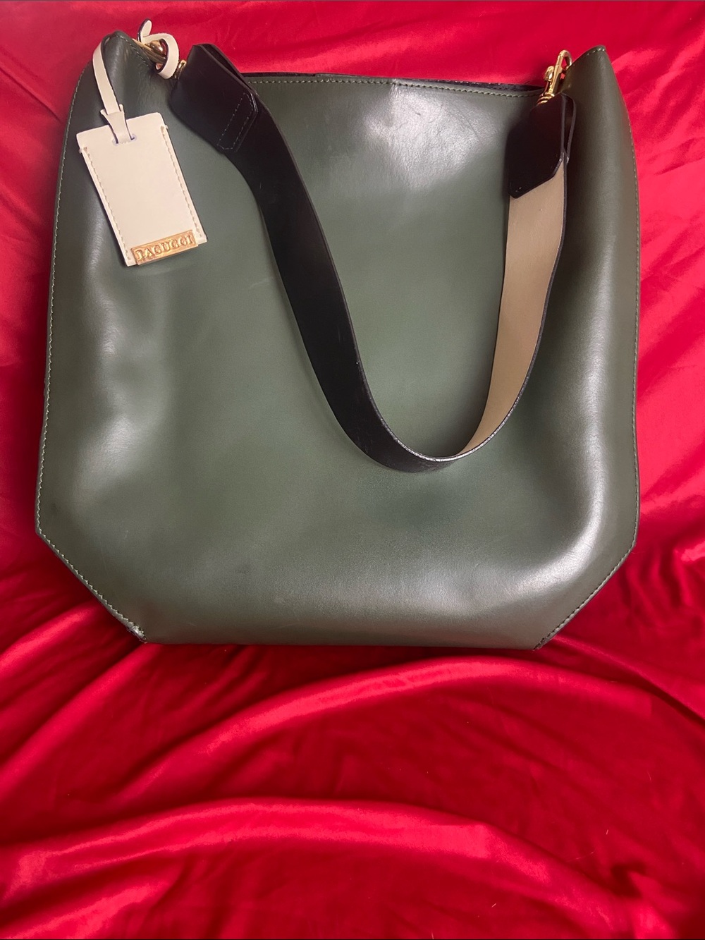 Olive Green Leather Tote with Contrast Strap Iacucci Italian leather
